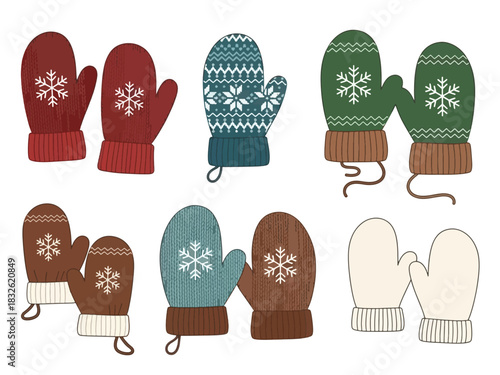 Illustration of six pairs of winter mittens in various colors and patterns, each adorned with a snowflake design.