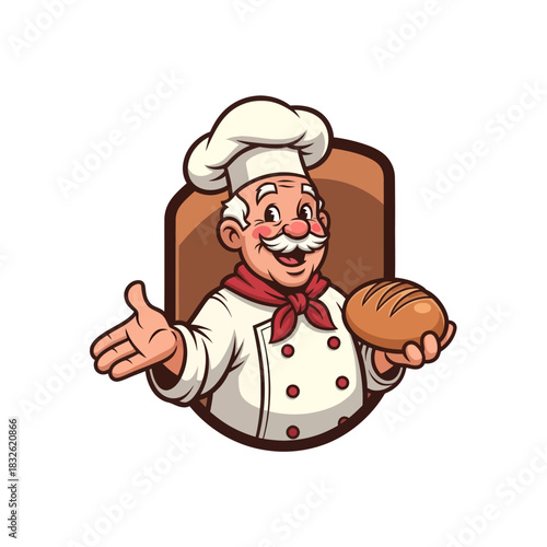 Cheerful cartoon chef with white hair and mustache holding fresh bread in a