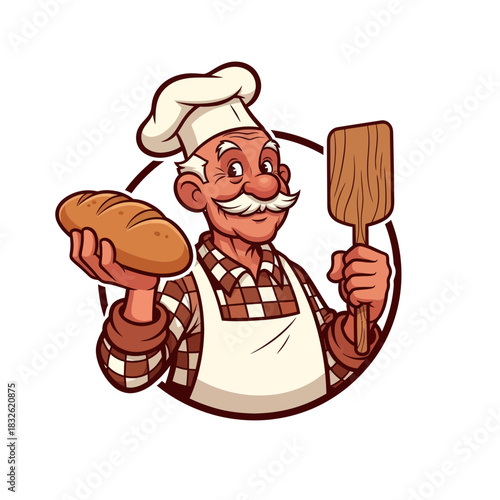 Vintage baker character holding bread and a spatula in a cheerful cartoon