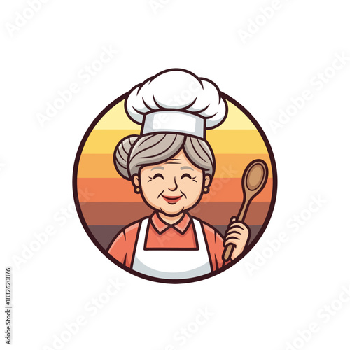 Whimsical Illustration of a Friendly Elderly Female Chef with a Warm Smile