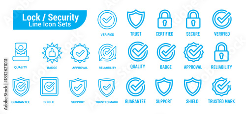 Lock and security line icon sets offer clean visuals for verification trust and quality assurance concepts