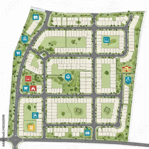 A detailed illustration of a planned community layout, showcasing residential areas, green spaces, and essential amenities for urban planning.