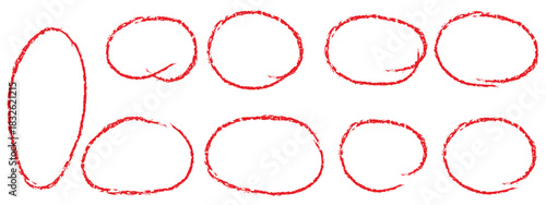 Red pen drawn marks, red circle set, highlight circle. Charcoal pen round ovals. Set of doodle ellipses. Scribble ovals, marker round elements. hand drawn crayon ovals and circle. 
