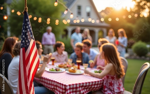 American flag on a patio full of guests enjoying a Memorial Day barbecue, children playing in the background. American family and friends celebrating the 4th of July, Independence Day. Copy space