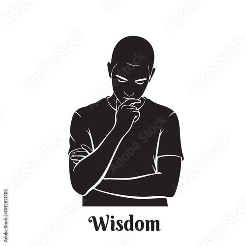 Wisdom Concept Silhouette Illustration Young Man Pondering Thoughtful Posture Deep Reflection Black White Vector Graphic Intellectual Contemplation