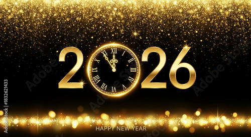 Happy New Year 2026 Gold Glitter Countdown Clock