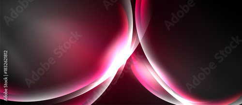 Abstract design features flowing curves, vibrant pinks, whites against dark background. Smooth gradients create dynamic visual effect.