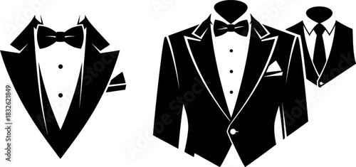 Collection of black and white tuxedo and formal suit icons with bow tie and necktie