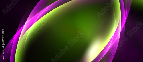 Abstract design features flowing purple, green shapes. Smooth gradients create dynamic visual effect. Dark background emphasizes bright colors.