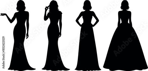 Collection of four black silhouette vector icons of elegant women in various long evening gowns or ball dresses