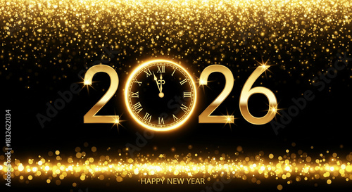 New Year 2026 Golden Glitter Celebration with Clock