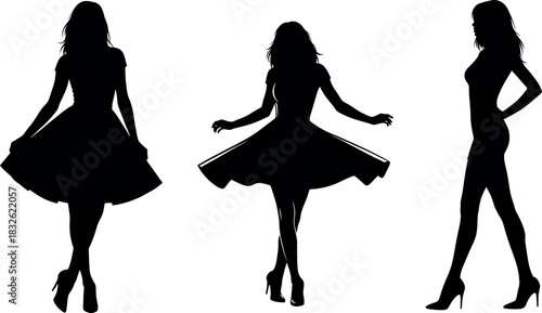 Collection of three black female silhouette figures wearing short dress and high heel shoe