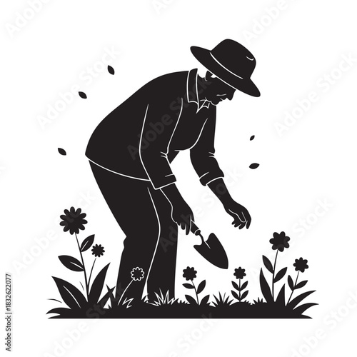Gardener planting flowers with a trowel. Person tending to a garden, surrounded by plants and petals. Agricultural work, cultivating greenery. Outdoor hobby, nature connection.