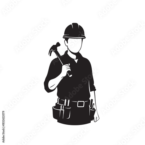 Carpenter holding a hammer with a tool belt. Construction worker in a hard hat, ready for home improvement projects. Professional tradesman with essential tools. Renovation and building tasks.