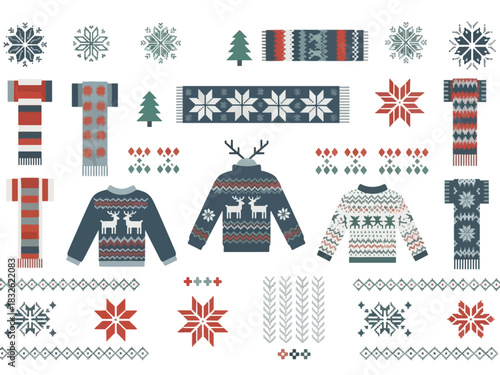 A collection of winter-themed knitted patterns featuring sweaters, scarves, snowflakes, and trees in red, blue, and white colors.