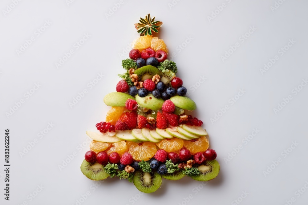Obraz premium Fruit platter forming healthy christmas tree shape, copy space