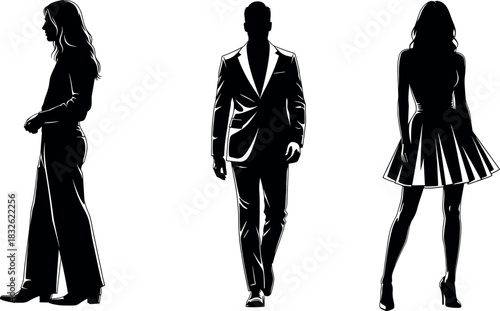 Silhouette collection of three fashion model figures, a woman in wide leg pant, a man in suit, and a woman in short dress
