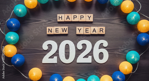 Happy New Year 2026 celebration with festive lights