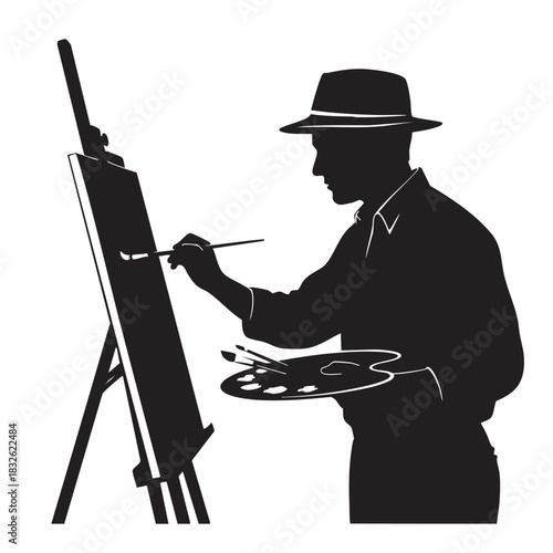Silhouette vector illustration of an artist wearing a fedora hat, painting on an easel with a palette, symbolizing creativity and artistic pursuit.