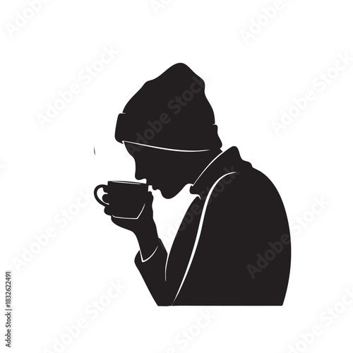 Silhouette vector illustration of a person wearing a beanie, holding and sipping from a cup, conveying comfort or a warm beverage moment.