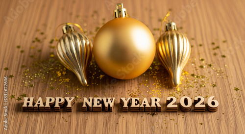 Happy New Year 2026 Golden Ornaments Celebration