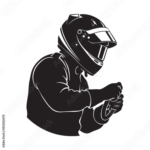 Silhouette racer driver in helmet and suit holding steering wheel ready for competition race car driving isolated on white background speed sports activity