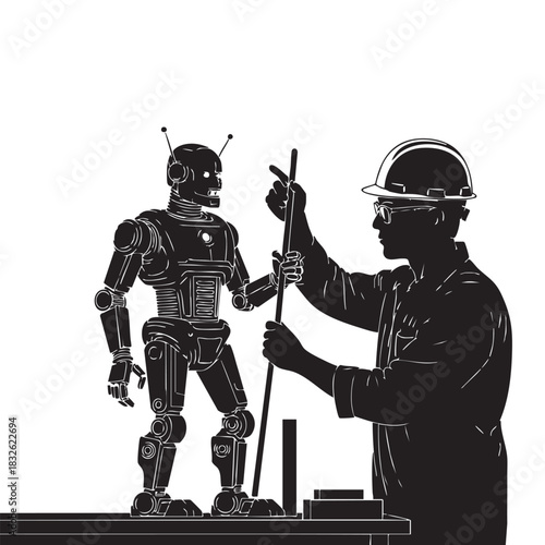 Silhouette vector illustration of an engineer wearing a hard hat, working on a robot, representing innovation, technology, and engineering.