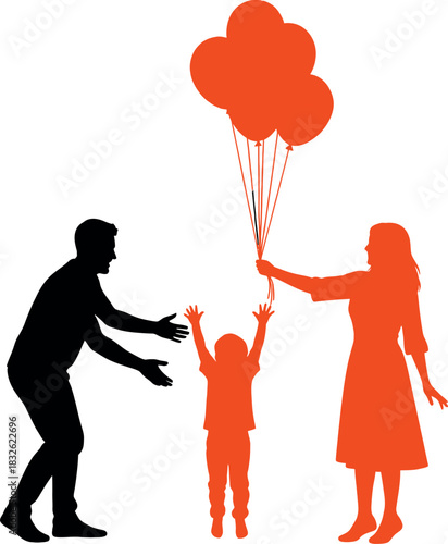 Silhouette of a happy family with a father reaching for a child who is holding red balloons given by the mother