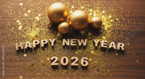Happy New Year 2026 golden glitter celebration