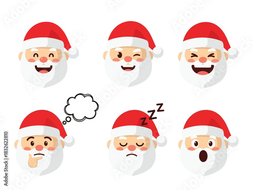 A collection of cartoon Santa Claus head illustrations, each expressing different emotions.