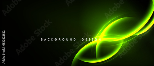 Abstract green lines flow across dark background. Modern design elements create dynamic visual impact. Simple text labels bottom center.