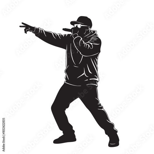 Silhouette hip hop singer performer rapper man holding microphone pointing hand wearing cap sunglasses hoodie standing isolated on white background