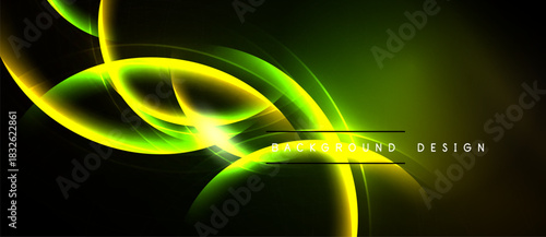 Abstract neon lines create dynamic glowing shapes. Dark background emphasizes bright yellow, green energy flow. Modern design element.