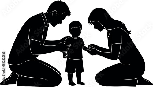 Silhouette illustration of mother and father kneeling down to interact with their small toddler child