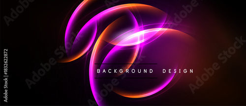 Abstract neon lights form flowing shapes. Vibrant orange, purple hues contrast dark background. Modern design element.