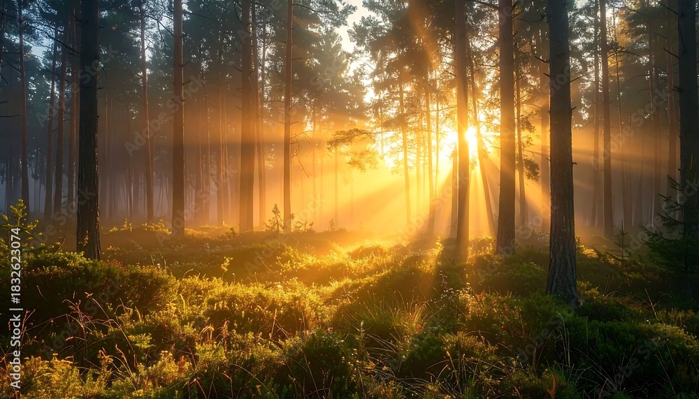 Fototapeta premium Sun rays stream through trees in a lush, green forest at dawn