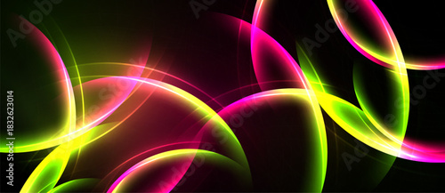 Abstract neon shapes flow across black background. Vibrant colors create dynamic, modern visual effect. Smooth curves suggest movement, energy.