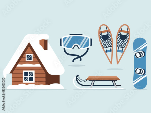 Winter scene illustration featuring a snow-covered cabin and winter sports equipment.