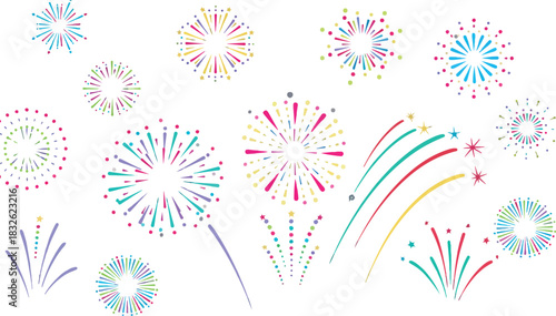red and blue fireworks explosion illustration with stars and sparkles on white background, perfect for celebration or holiday themes