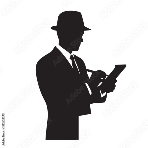 Man in hat writing on clipboard silhouette illustration. Vector graphic of businessman taking notes.