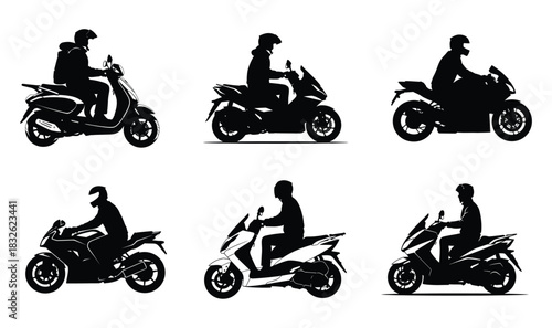 Motorcycle and scooter silhouettes a collection of different styles and riders