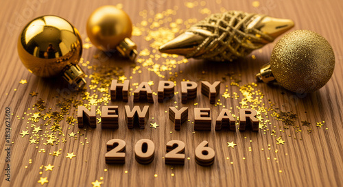 Happy New Year 2026 with Gold Decorations and Glitter
