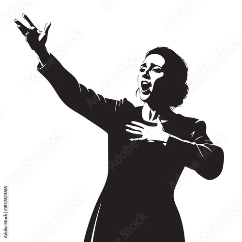 Female vocalist singing with passion silhouette, emotional performance, woman on stage with arm raised and hand on chest, vector illustration on white background, powerful operatic voice