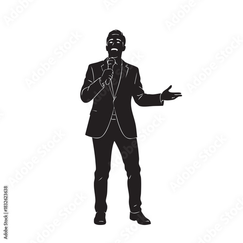 Male host or presenter holding microphone silhouette, entertainer engaging audience with open gesture, man in suit speaking at event, vector illustration on white background, stand up performance