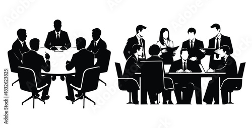 Business meeting silhouette teamwork collaboration and corporate strategy in black and white