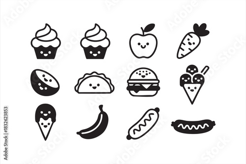 Kawaii food icon pack with cute snacks, sweets and fruit illustrations