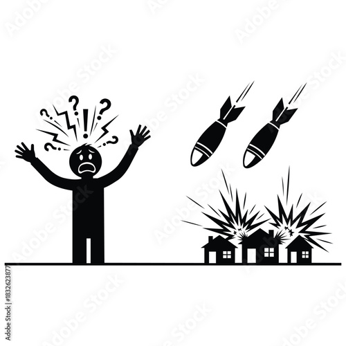 Black and white silhouette icon depicting a panicked person with raised hands as bombs fall and explode over small houses, isolated on vector illustration
