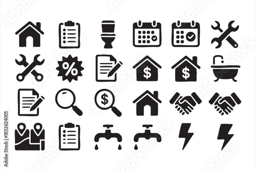 Property workflow icons featuring contracts, plumbing, fixtures and inspections
