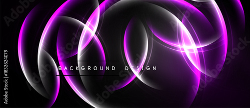 Abstract design features flowing purple, white lines. Dynamic composition creates modern, elegant visual effect. Dark background emphasizes bright shapes.