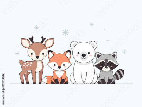 Cute cartoon illustration of a deer, fox, polar bear, and raccoon sitting together under snowflakes.